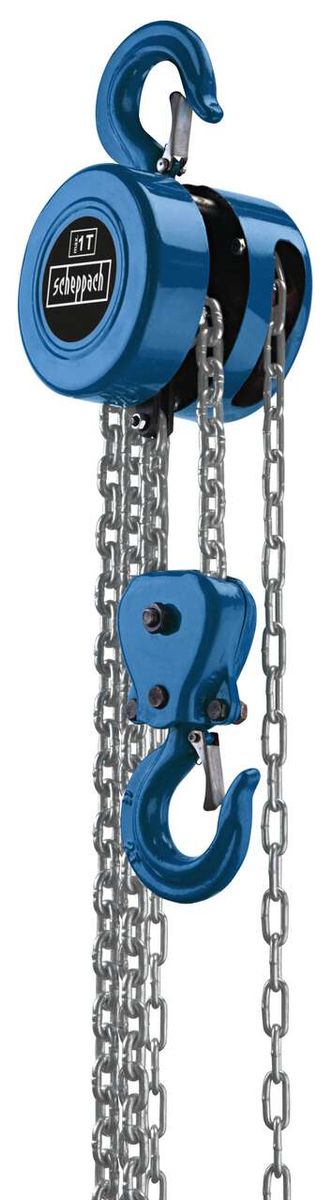 Kettenzug CB02 scheppach - 2000kg, Ansicht von vorne mit Haken und Kette.