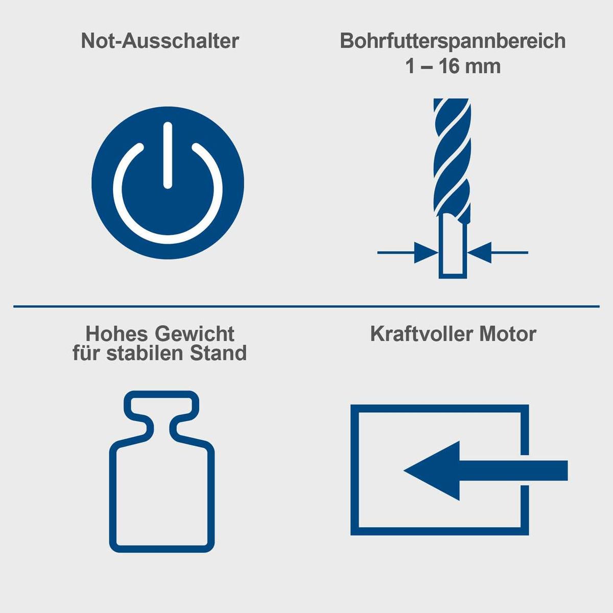 Wichtige Merkmale der Bohrmaschine DP18Vario: Not-Ausschalter, Bohrfutters Spannbereich 1-16 mm, hohes Gewicht für stabilen Stand, kraftvoller Motor.