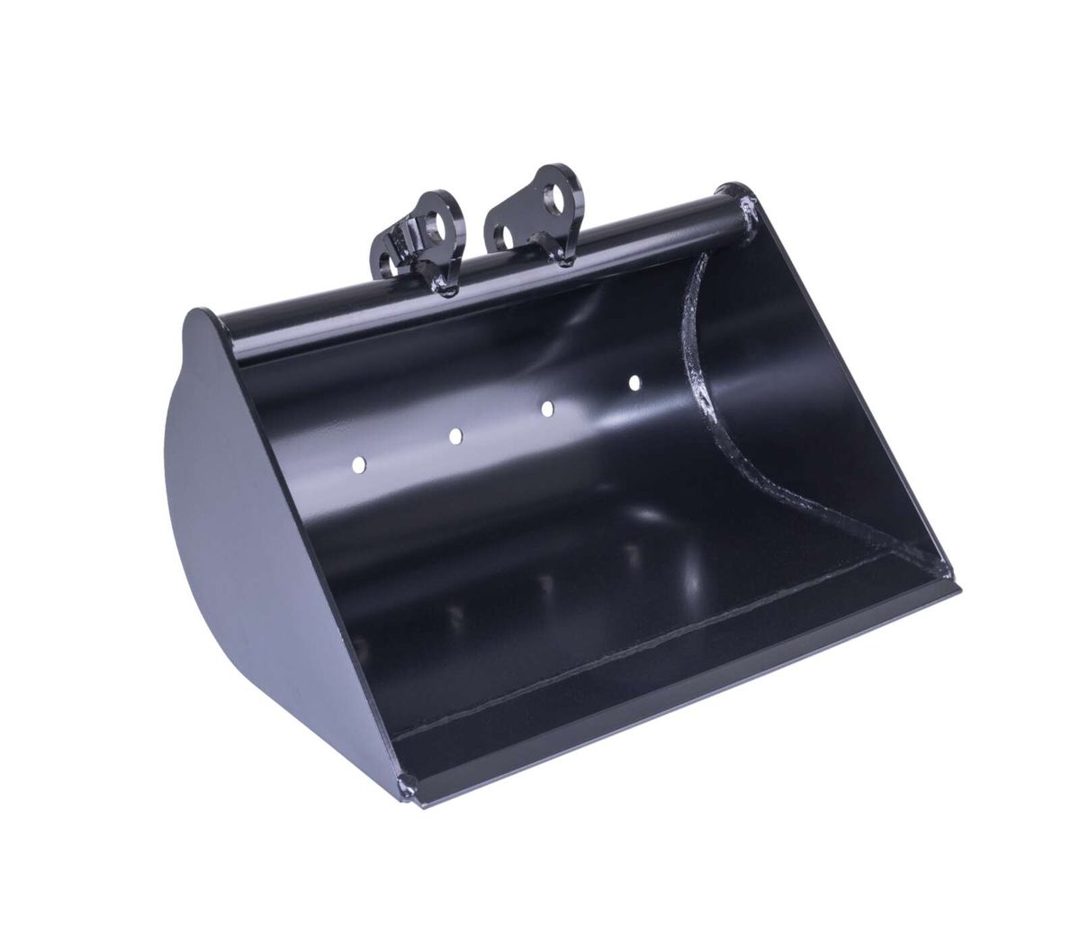 Böschungslöffel Scheppach (DIY), Ansicht von vorne. Der Löffel hat eine glatte, schwarze Oberfläche und zwei Befestigungspunkte oben.