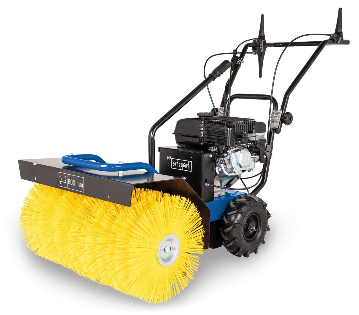 Kehrmaschine SC2400p von Scheppach, inkl. Schneeschild und Auffangbehälter, 6.5PS. Gezeigt von der Seite.