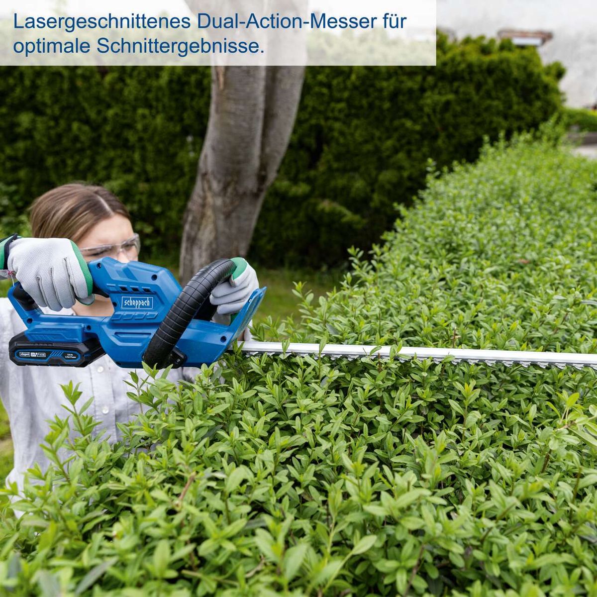 Lasergeschchnittenes Dual-Action-Messer für präzise Heckenschneidungen im Scheppach C-HT570-X-SET S