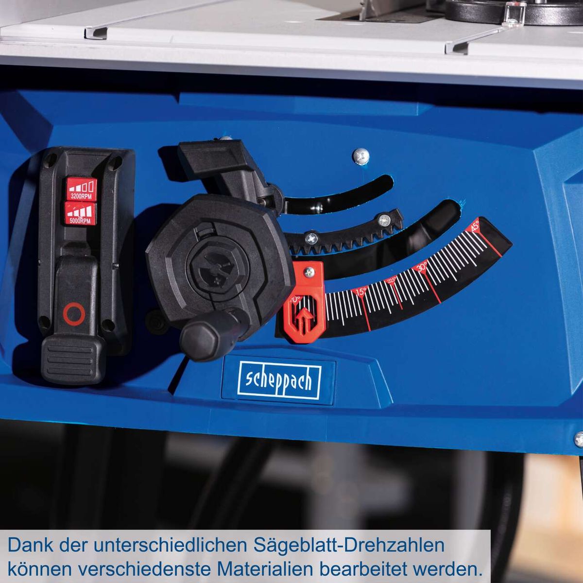 Die Tischkreissäge HS112-2x von Scheppach bietet verschiedene Sägeblatt-Drehzahlen für die Bearbeitung unterschiedlicher Materialien. Die Drehzahlen reichen von 3200 bis 5000 U/min.