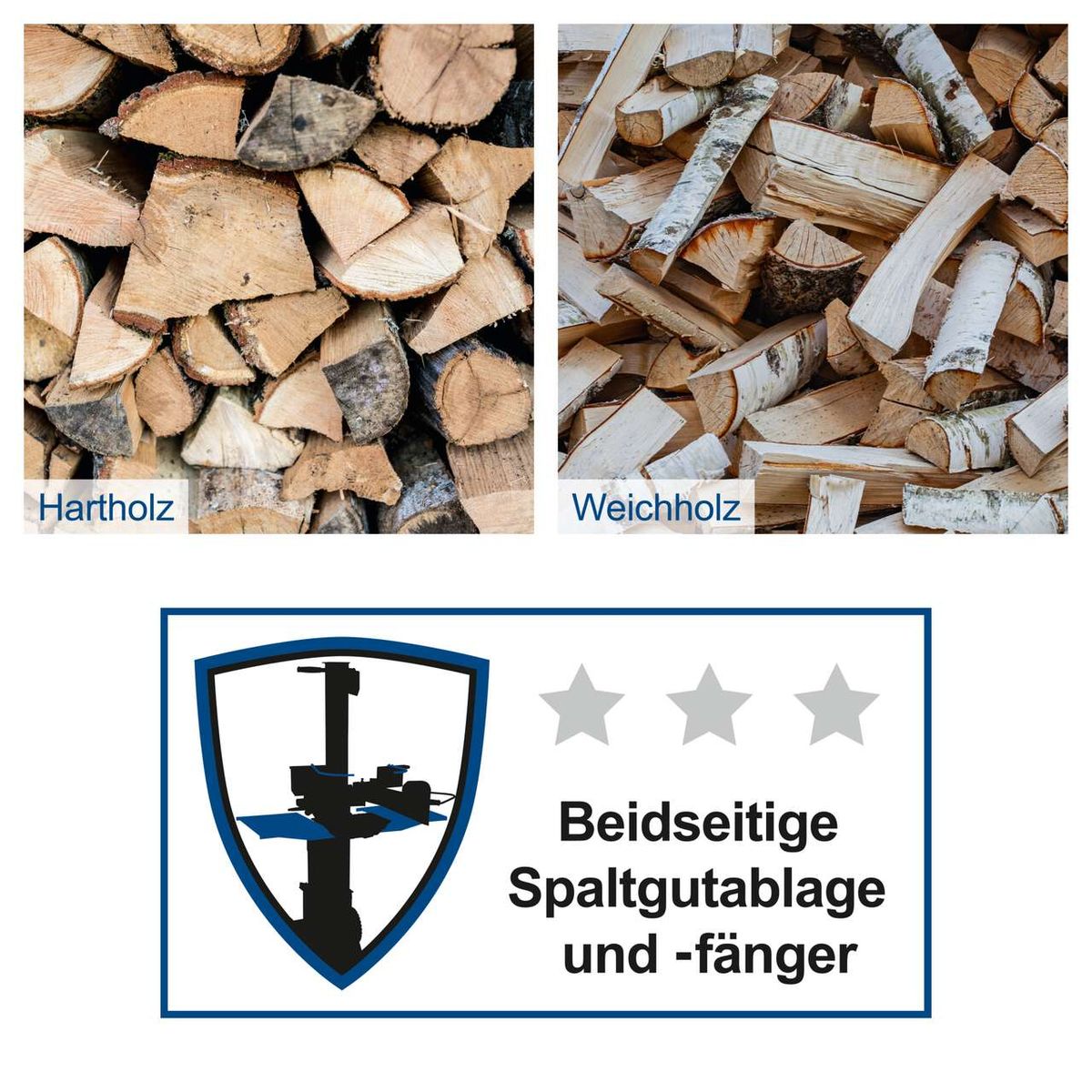 Holzspalter mit Abfalltrennung für Hart- und Weichholz, inkl. Symbol für bidirektionale Spaltgutablage und -fänger