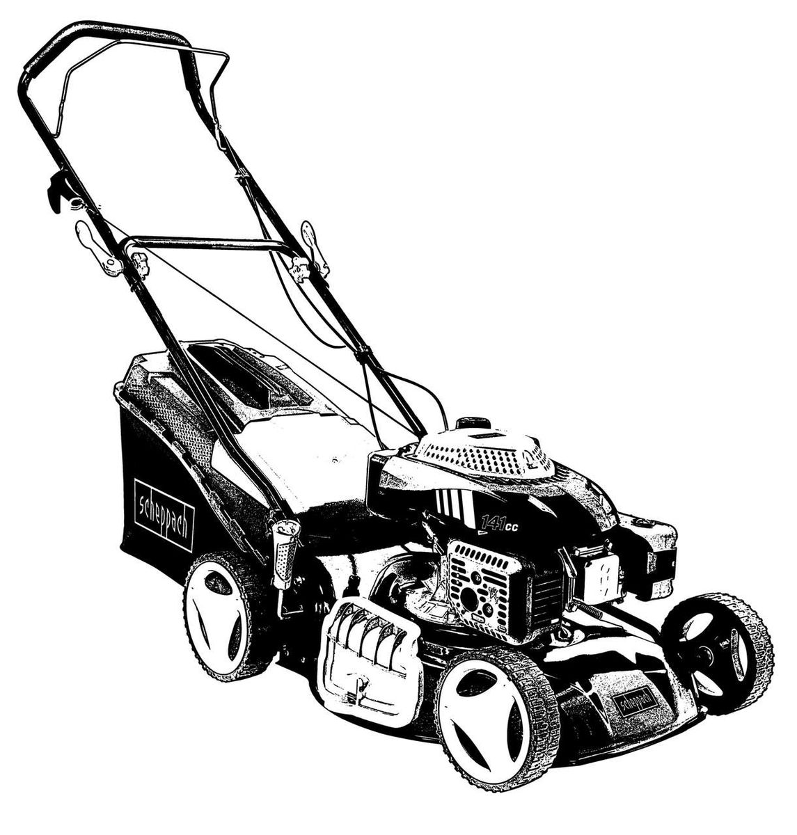 Scheppach Rasenmäher MP141-46, seitliche Ansicht, 141cc Motor, schwarzer Kunststoffbehälter.