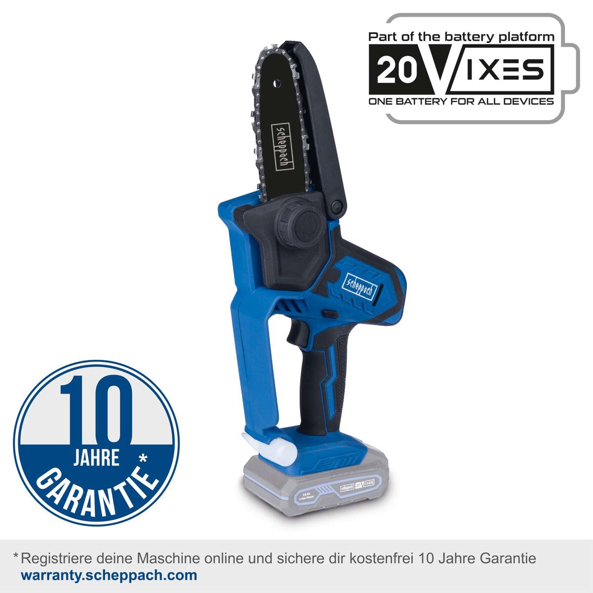 Scheppach Akku-Gehölzschneider mit 10 Jahre Garantie, 20V-Batterie-System, inkl. 10-Jahres-Warranty-Registrierung