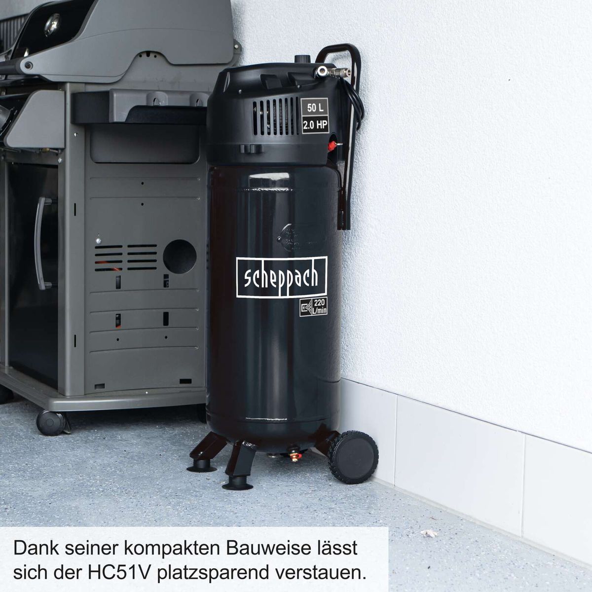 Standkompressor HC51V von Scheppach mit kompakter Bauweise für platzsparende Lagerung