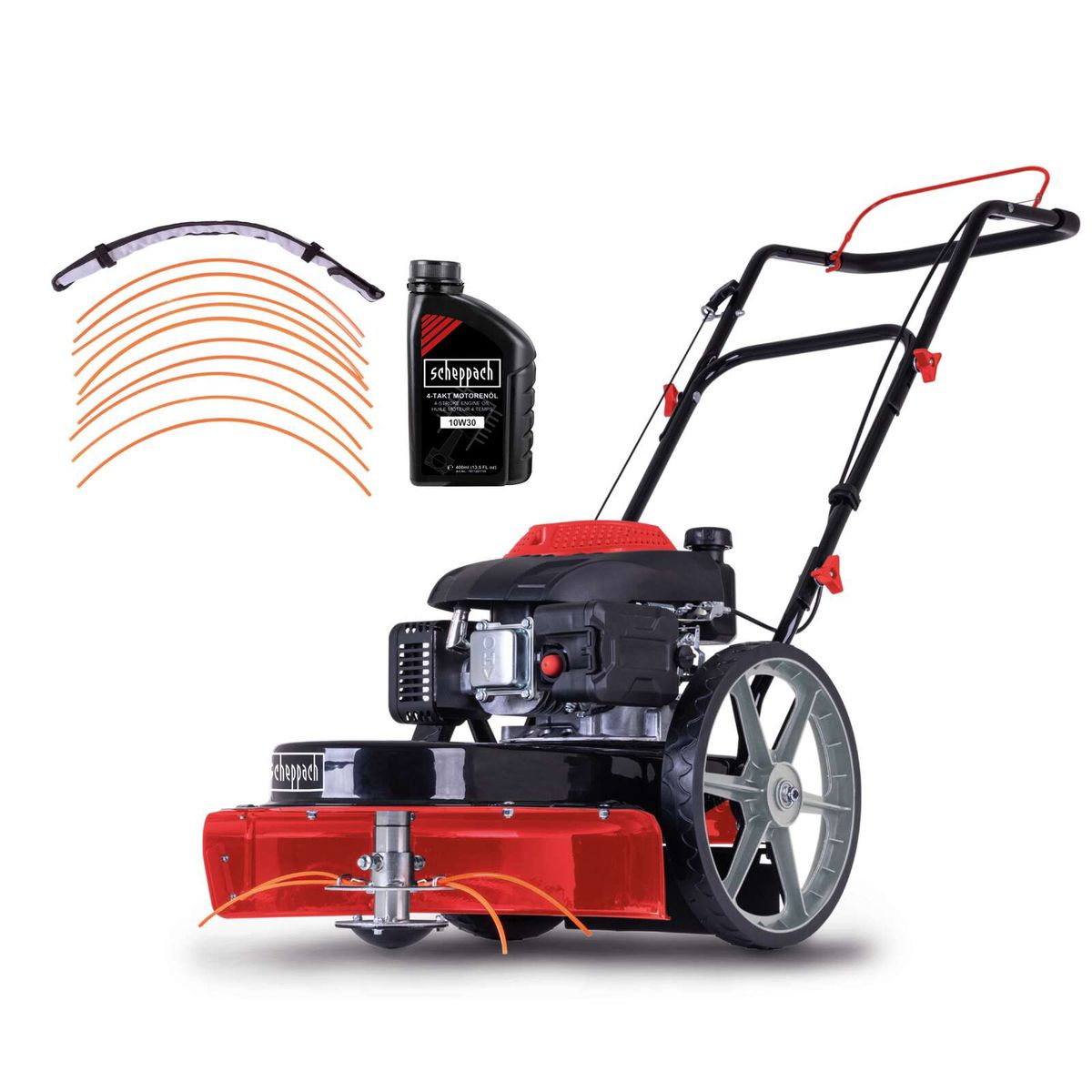 Scheppach-Wiesenmäher WMP161-56 mit Ersatzfäden und Motoröl, inkl. Schnittbreite und Schnitthöhe