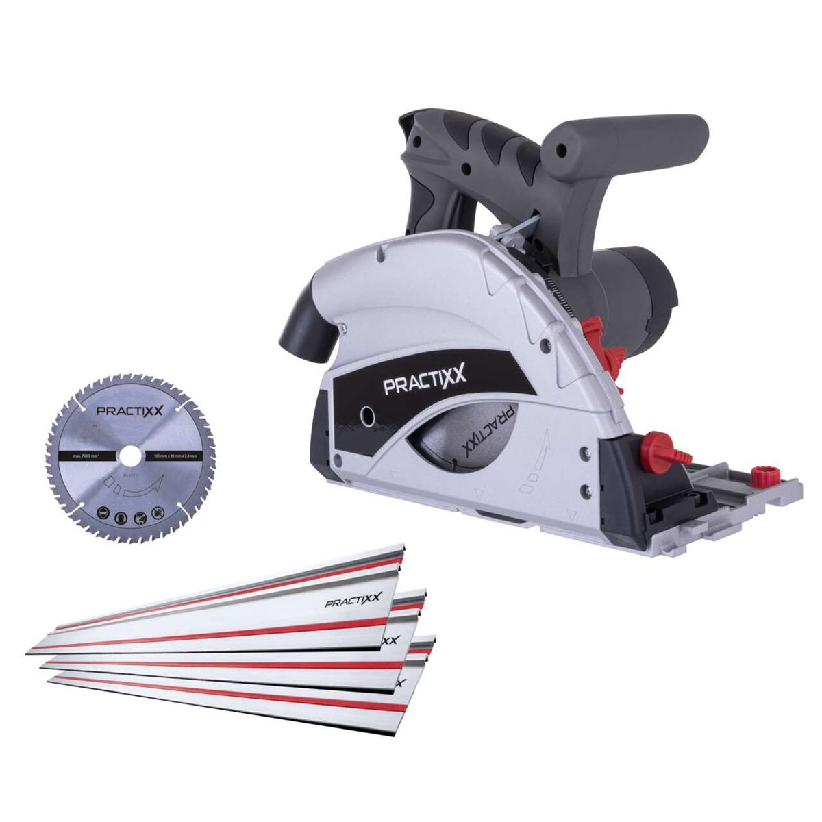 Tauchsäge PX-TS-55 Practixx mit 55mm Schnitttiefe, inkl. 3x 500mm Schiene und Zubehör, 2 Sägeblätter mit 48 Zähnen. Gezeigt von der Seite mit Griffen und Sägeblatt. Die Sägeblätter sind für präzises Schneiden konzippen geeignet.