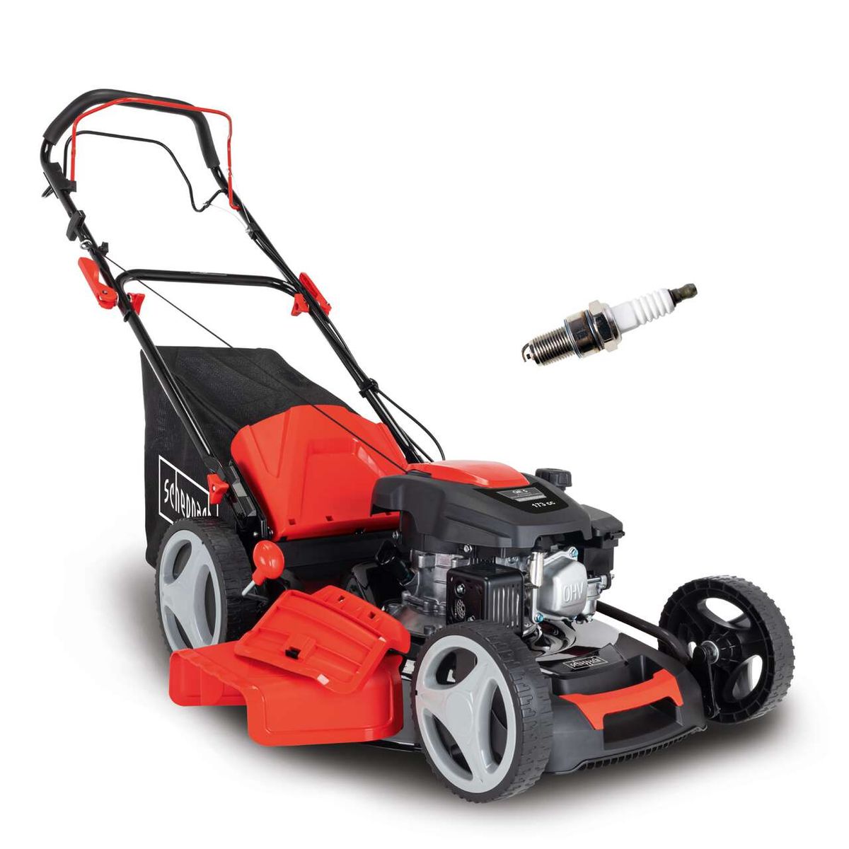 Der Scheppach Benzin Rasenmäher MS173-51SE mit 4.5PS, 51cm Schnittbreite, 7 Schnitthöhen und 65L Fangbox. Die Zündkerze ist ein wichtiges Ersatzteil für die Wartung des Motors.