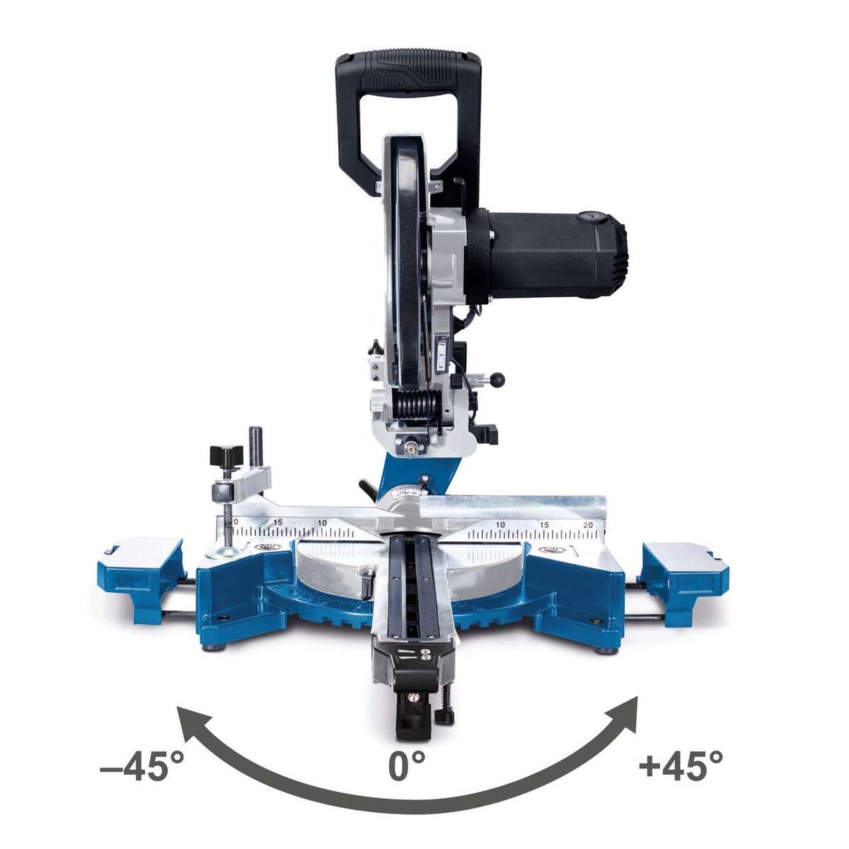 Die Kappzugsäge HM110MP von Scheppach ermöglicht präzise Schnitte von -45° bis +45° und 0°. Ideal für Holz, Alu, Stahl, Kunststoff und Kupfer.