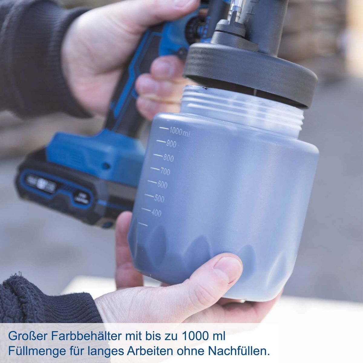 Großer Farbbehälter mit 1000 ml Füllmenge für länges Arbeiten ohne Nachfüllen