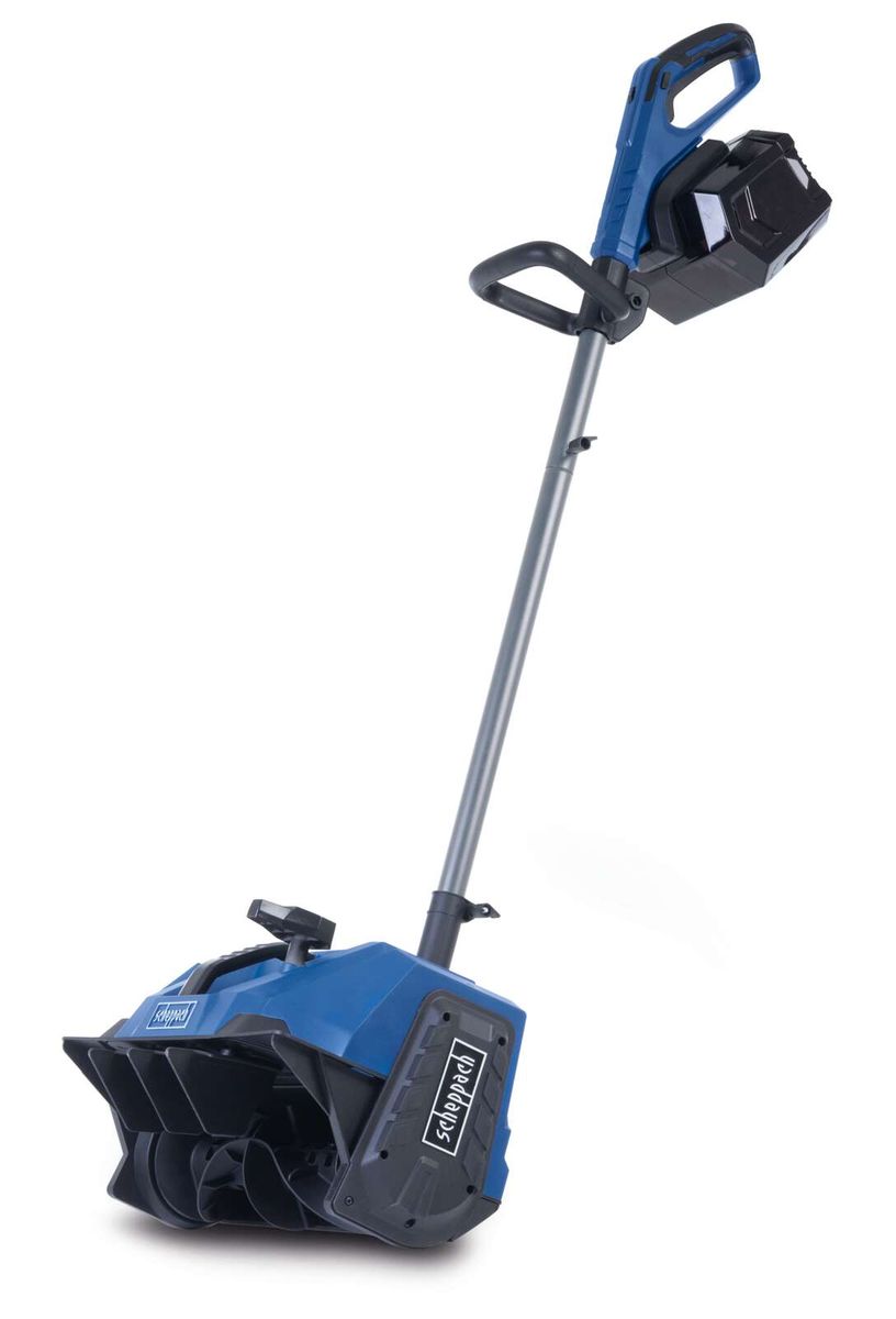Akku Schneefräse BC-SNB410-X Scheppach SET, 40 cm Arbeitsbreite, Brushless, Drehzahlregulierung, 2-Punkt Sicherheitsschalter, inkl. 2x Akku. Gezeigt von der Seite.