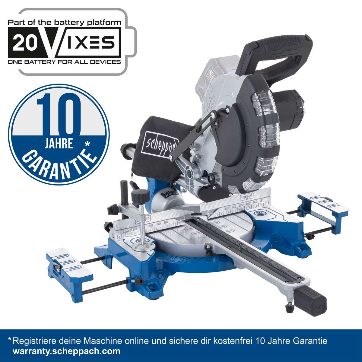 Akku-Kapp-, Zug- und Gehrungssäge mit 10-jähriger Garantie, 20-VX-Betriebssystem, inkl. Online-Registrierung für kostenlose Garantie