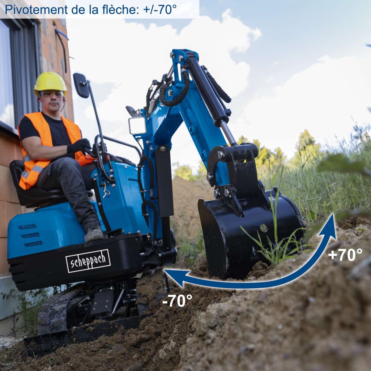 The Scheppach EXC815 petrol mini excavator has a boom pivot range of +/- 70 degrees. The digging width is 2330 mm and the track width is 690 mm. It is chain-driven.