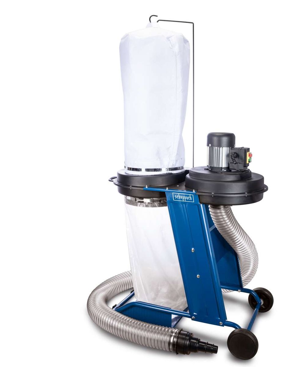 Absauganlage HD12 Scheppach, 230V, 500Watt, 75L Auffangbehälter, 100mm Anschluss. Gezeigt von der Seite.