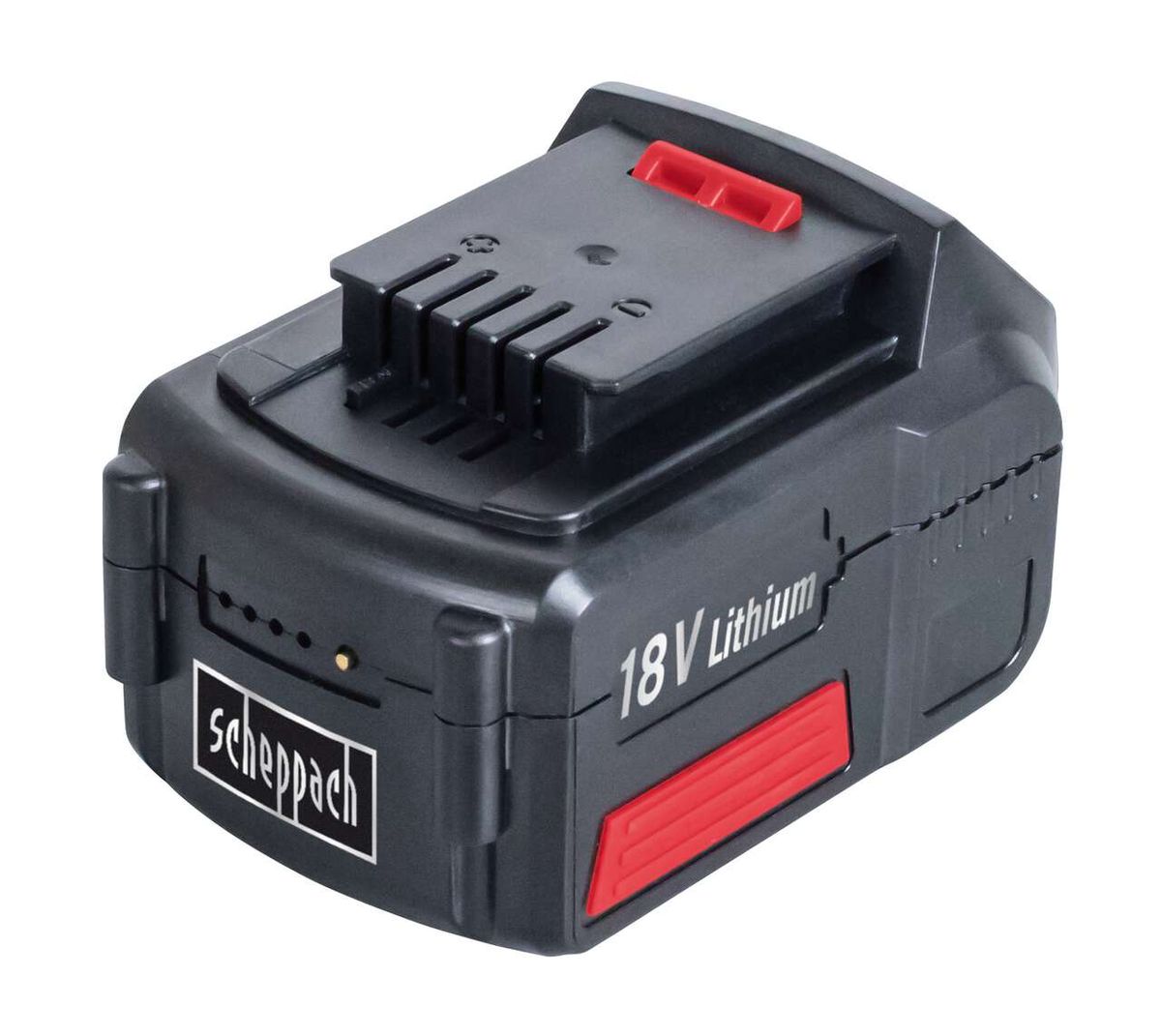 Scheppach Akku BP4A-Li18V, Lithium-Ionen-Akku mit 18V, schwarz und rot, von vorne gezeigt.
