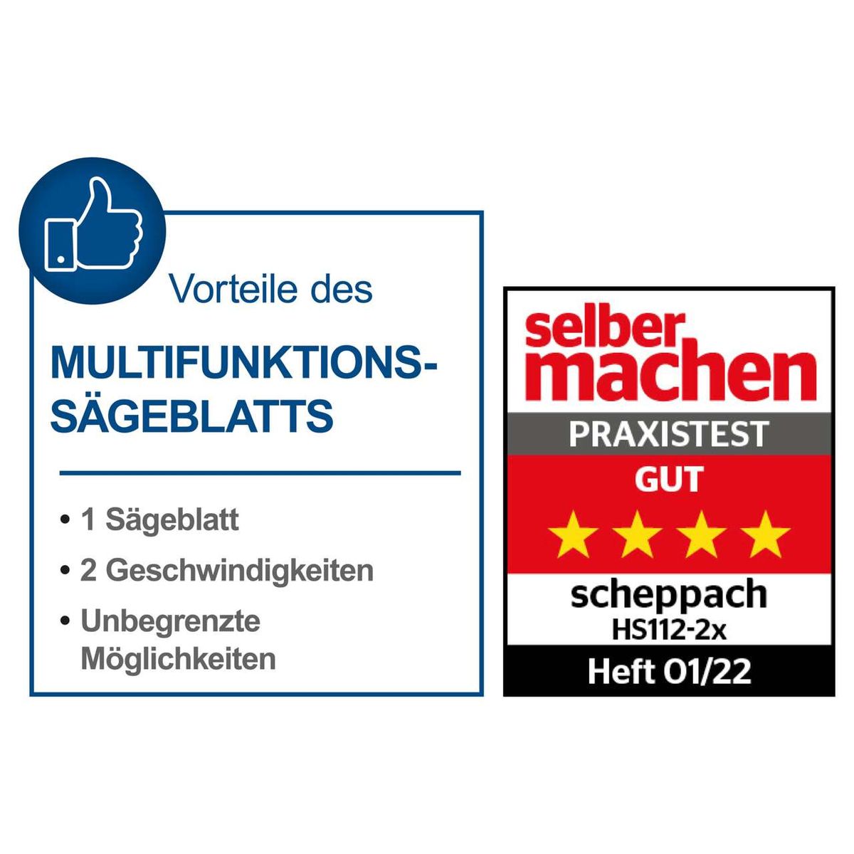 Vorteile des Multifunktions-Sägeblatts: 1 Sägeblatt, 2 Geschwindigkeiten, unbegrenzte Möglichkeiten. Bewertung: Gut (3 von 5 Sternen). Produkt: Tischkreissäge HS112-2x von Scheppach.
