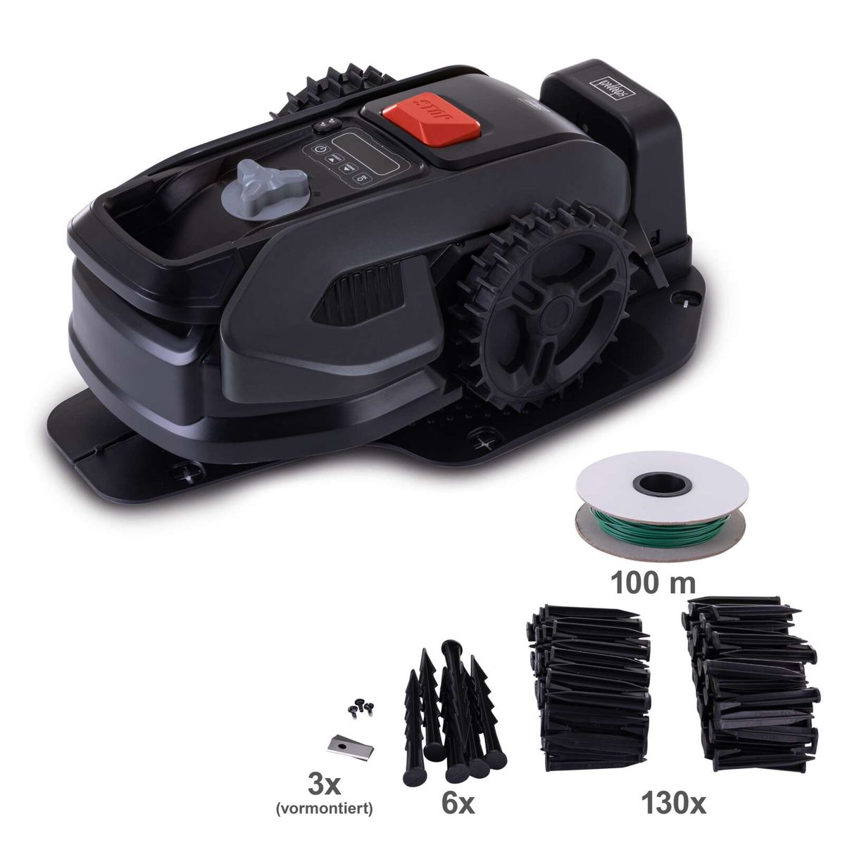 Mähroboter RRMA300 von Scheppach. Enthält 100 Meter grünes Kabel, 3 vormontierte Schrauben, 6 Spikes und 130 Klingen. Ausgestattet mit einem Regensensor und Kantenmähen.