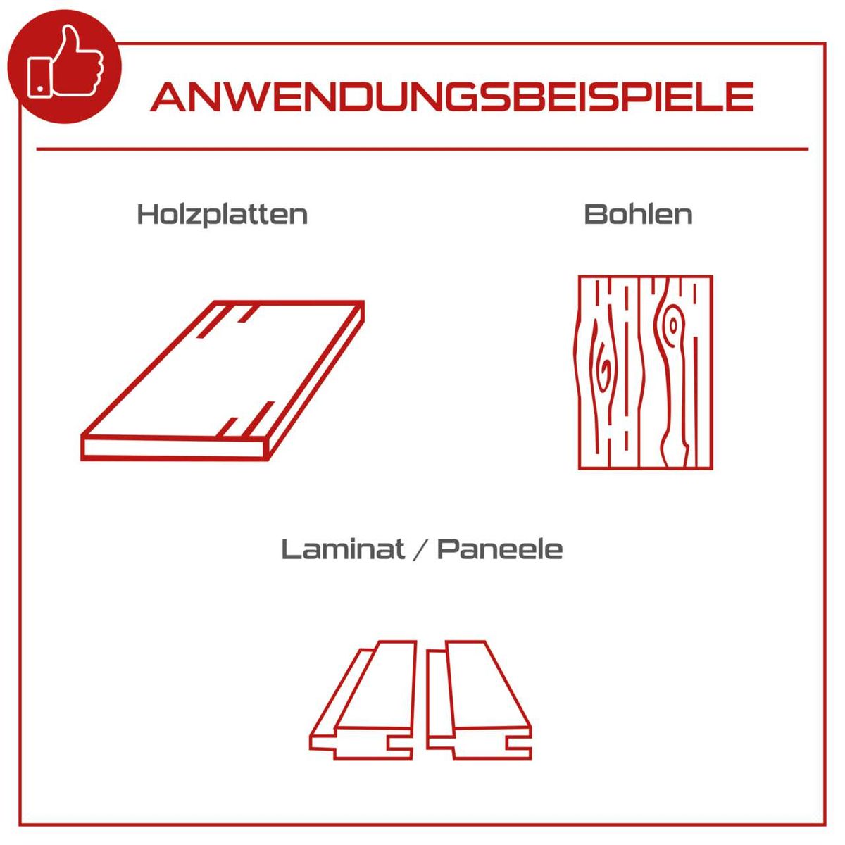 Das Produkt ist eine Tauchsäge mit verschiedenen Anwendungsbeispielen. Gezeigt werden Holzplatten, Bohlen und Laminat/Paneele. Die Tauchsäge eignet sich für präzises Schneiden dieser Materialien.