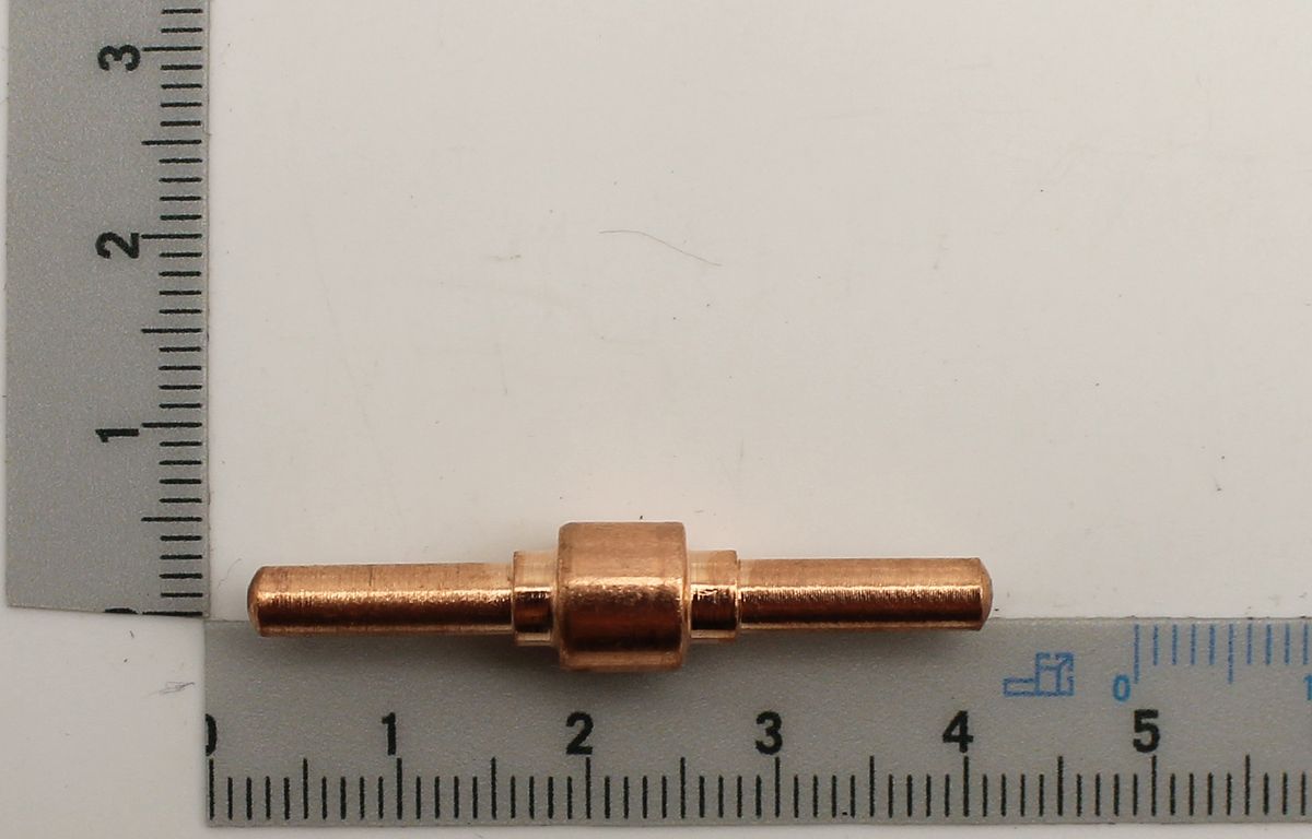 Elektrode von Scheppach, gezeigt von der Seite neben einem Lineal zur Größenveranschaulichung.