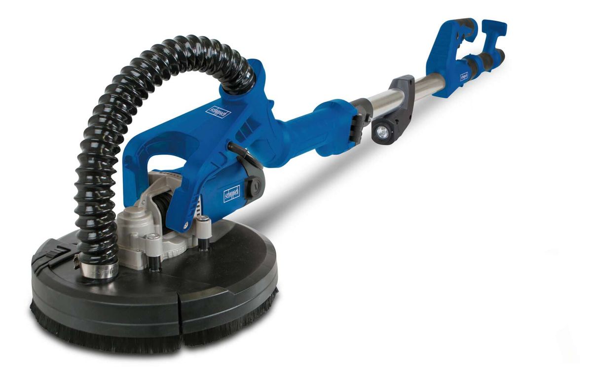 Wand- und Deckenschleifer DS920 von Scheppach, seitliche Ansicht mit Schleifteller und Handgriff.