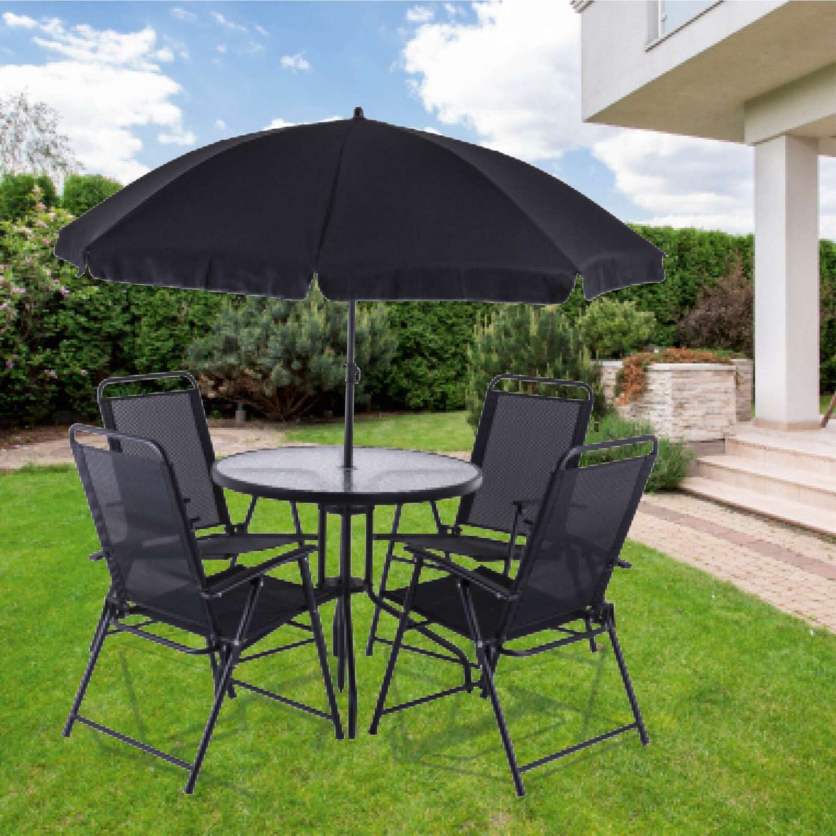 Balkonset mit 4 Klappstühlen, Sonnenschirm und Glastisch für Outdoor-Bistro-Ecke