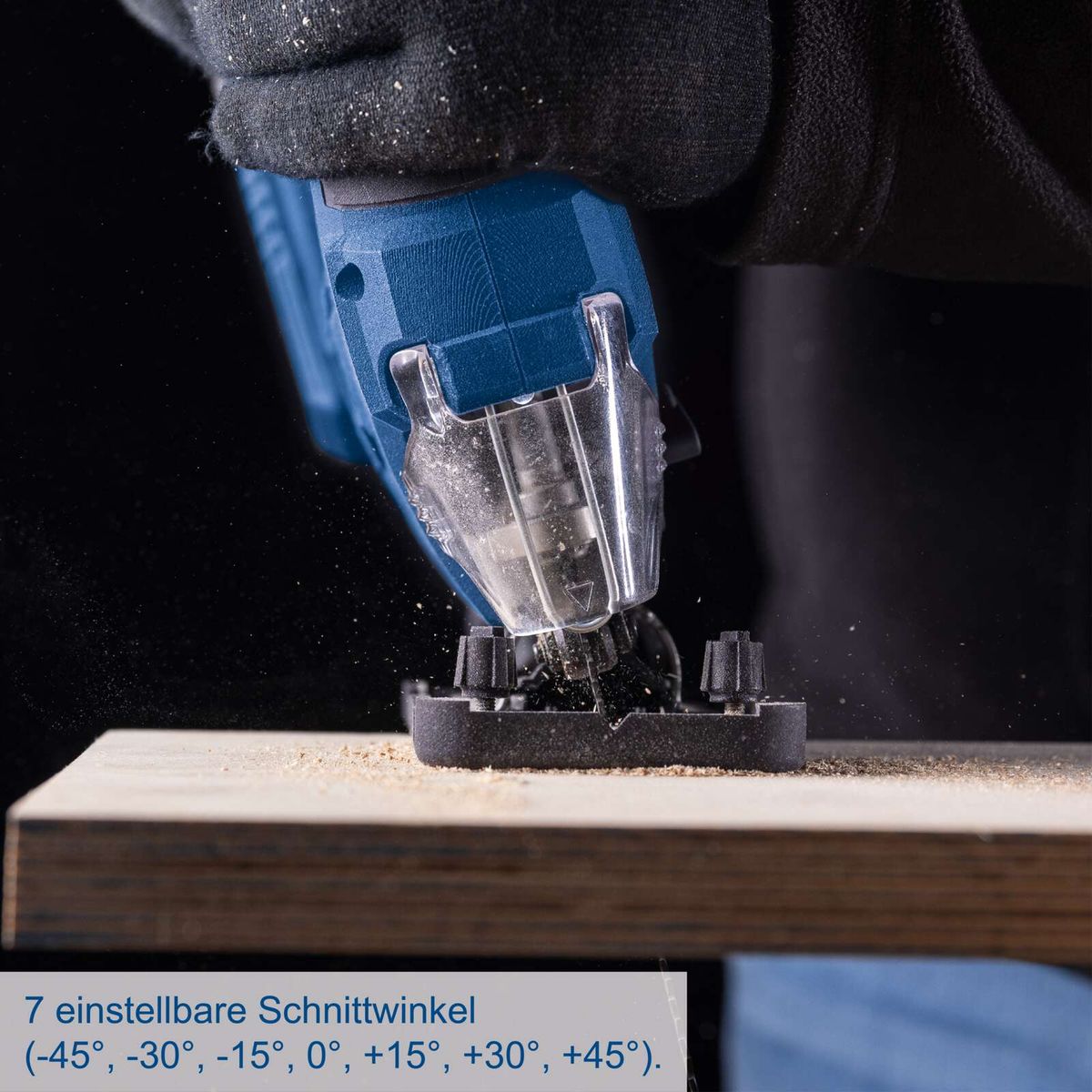 Akku-Stichsäge mit sieben einstellbaren Schnittwinkeln von -45° bis +45°