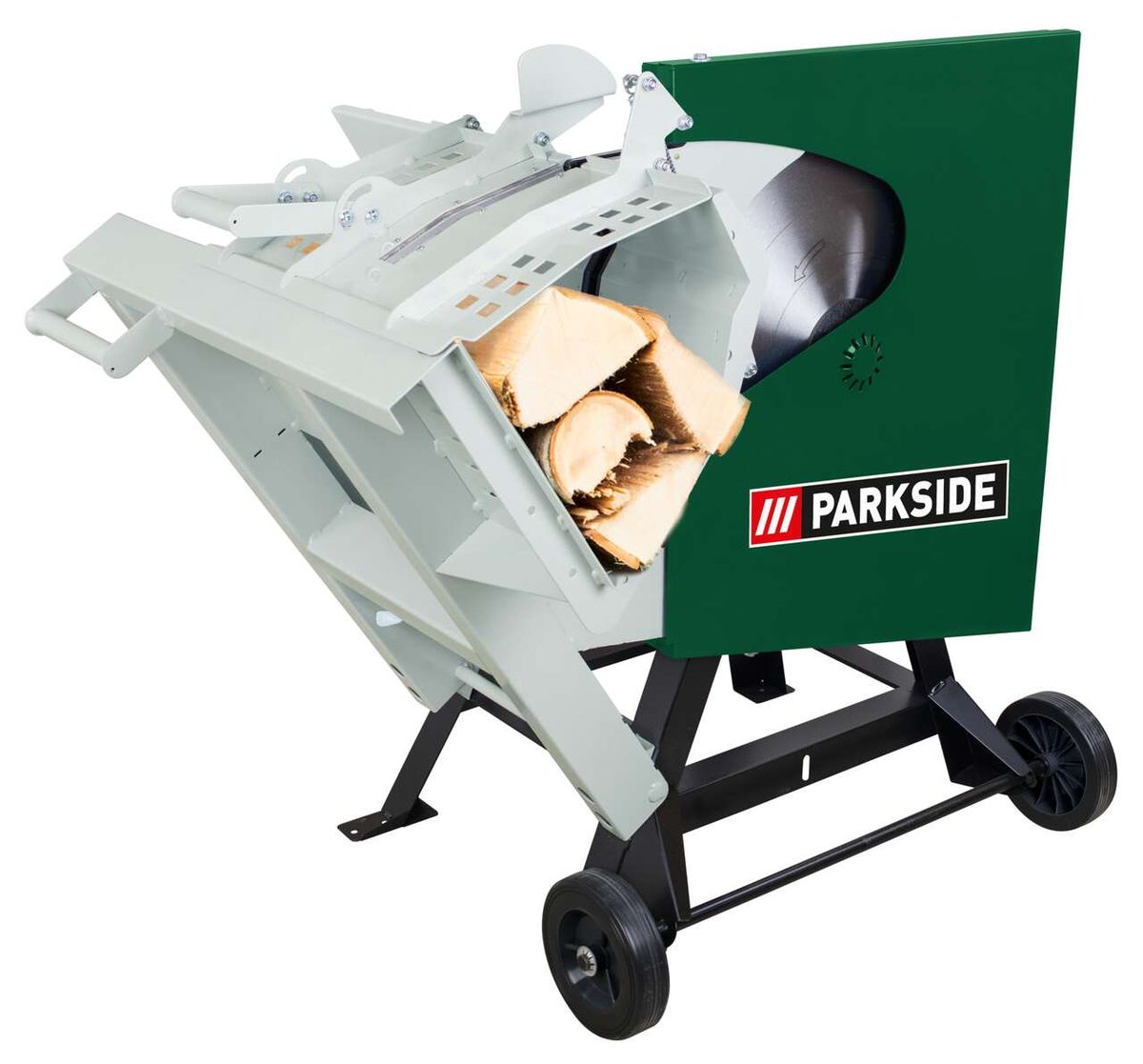 Wippkreissäge PWKS 700 A1 Parkside LB8 von vorne mit Holzstamm im Schnittbereich.