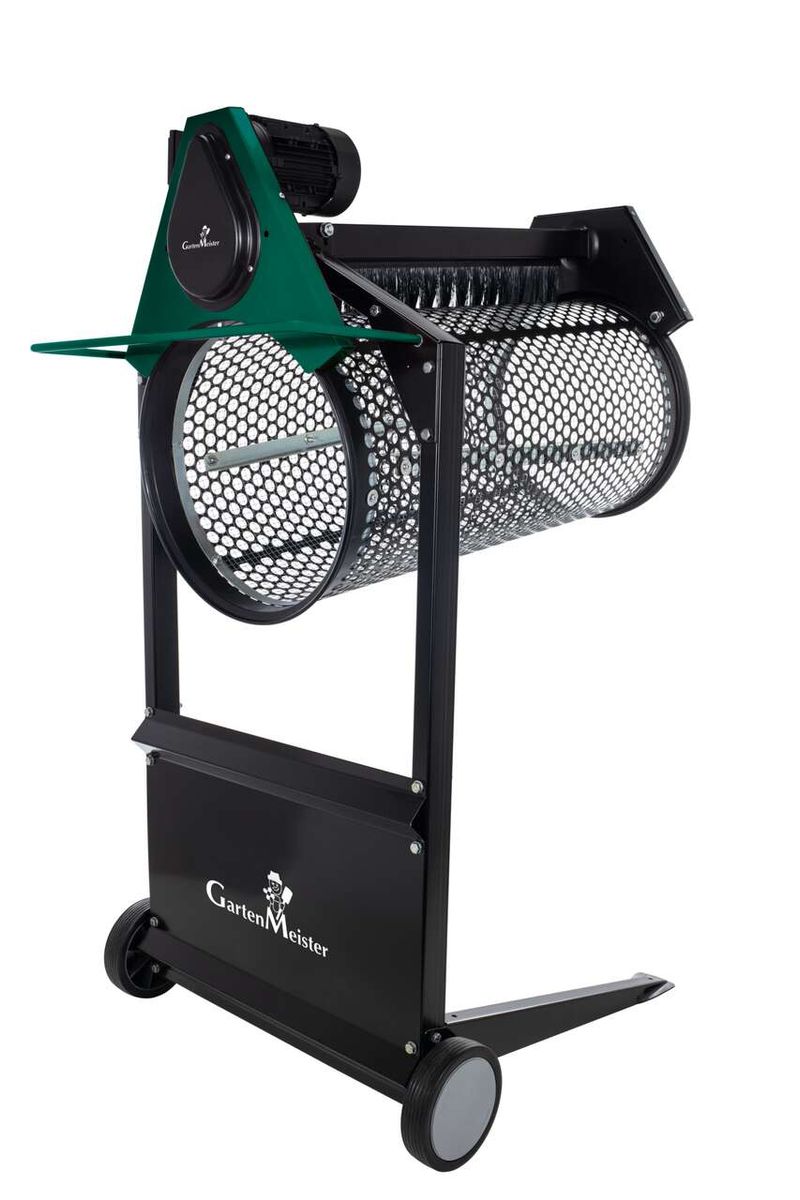 Rollsieb GM-RS 400 von Gartenmeister, seitliche Ansicht mit zwei Siebzylindern und Motor.