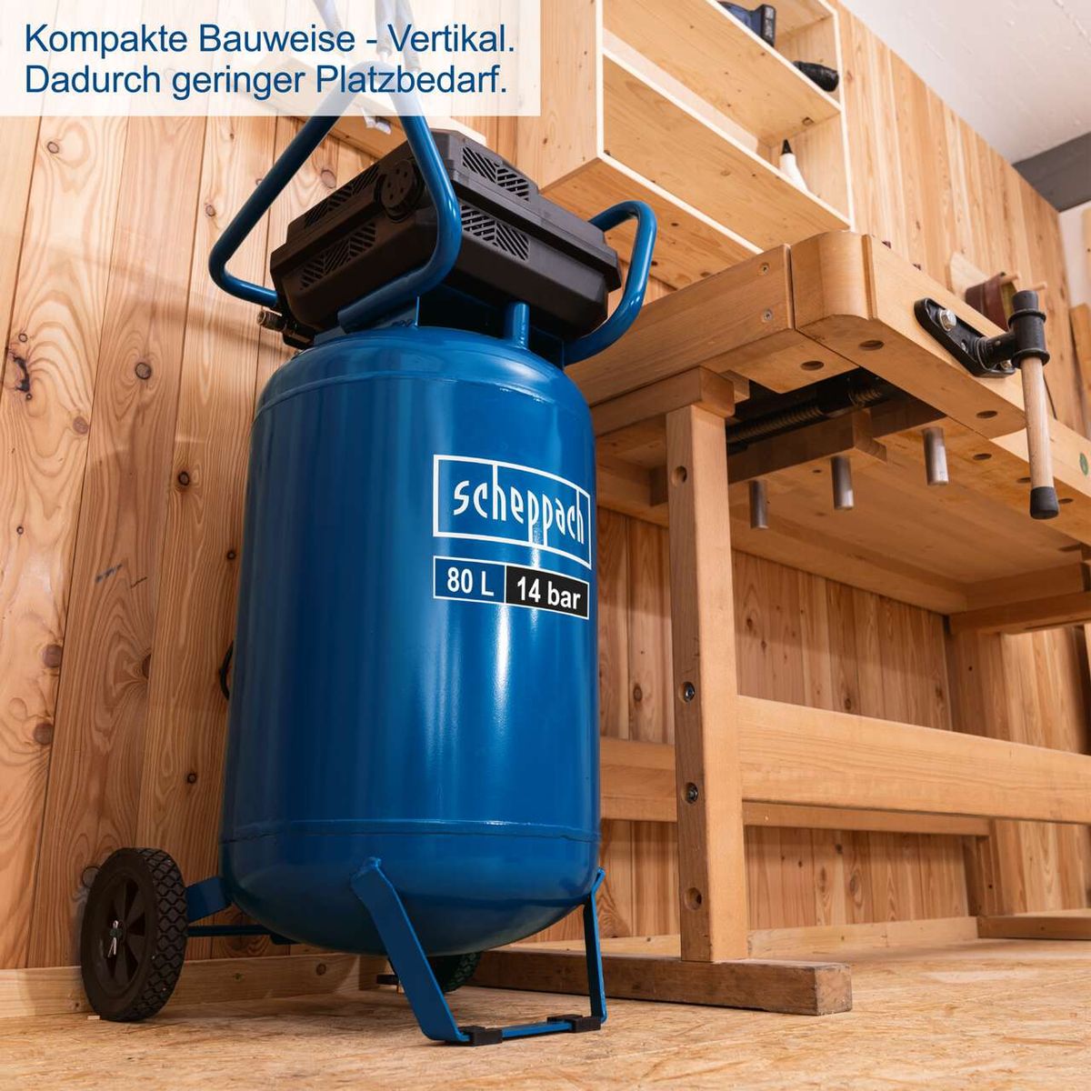 Standkompressor mit vertikaler Bauweise und geringem Platzbedarf, 80-Liter-Tank, 14 bar Druck, inkl. Zubehörset und 10-Meter-Schlauch