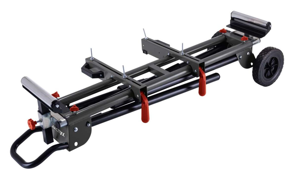 Scheppach-Werkzeugwagen mit zwei großen Rädern und einem Handgriff zum einfachen Transport. Der Wagen hat eine stabile Metallkonstruktion und rote Griffe für besseren Halt.