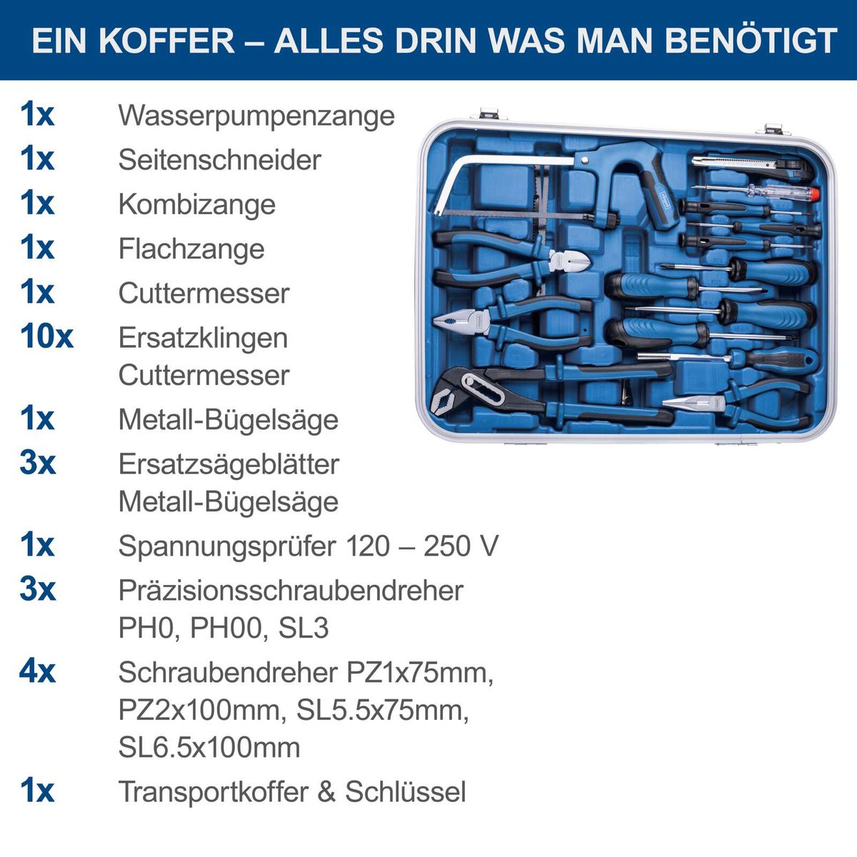 Werkzeugkoffer TB173 mit detaillierter Inhaltsübersicht für Scheppach-Produkte: Wasserpumpenzange, Seitenschneider, Kombizange und weitere Werkzeuge
