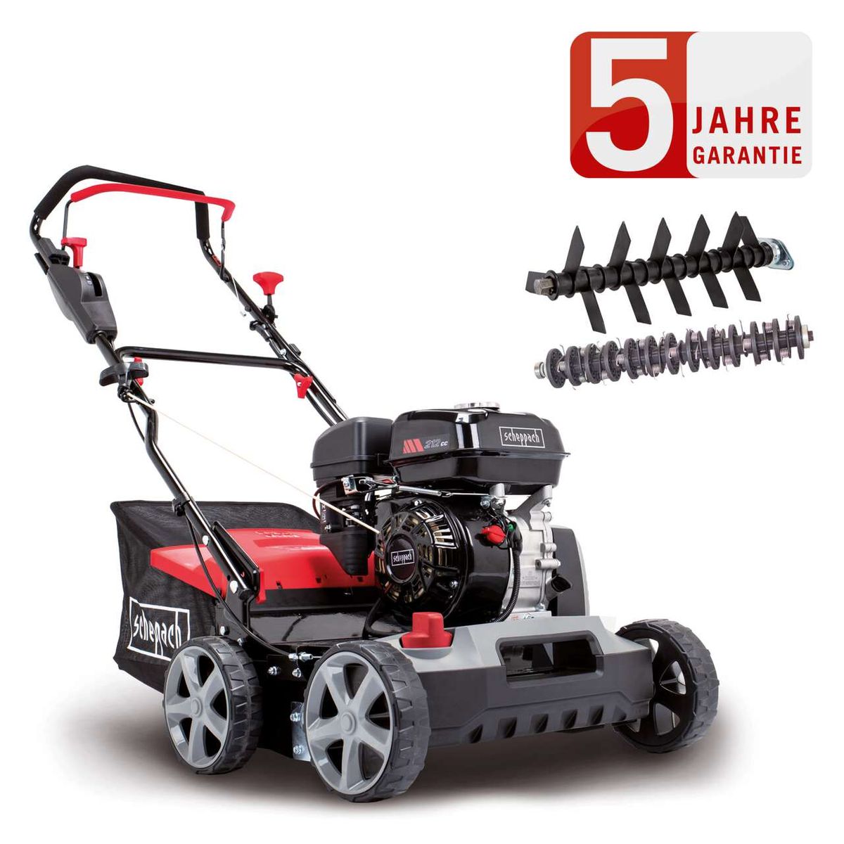 Der Benzin Vertikutierer SC50Vario Scheppach bietet eine 5-Jahre-Garantie. Er verfügt über eine Arbeitsbreite von 40 cm und eine variable Tiefe von -15 bis +5 mm. Der Vario-Antrieb ermöglicht präzise Einstellungen für optimale Ergebnisse.