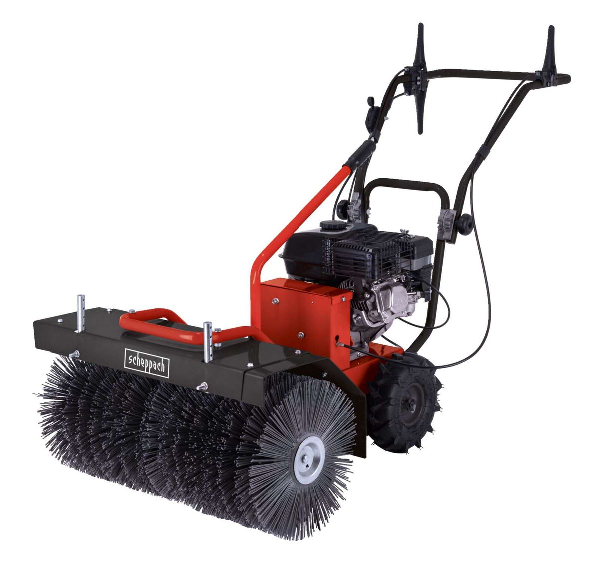 Scheppach Benzinkehrmaschine mit rot-schwarzem Motor und Bürstenaufsatz
