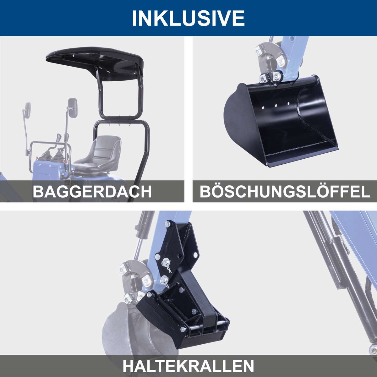 title für Haltekrallen, Baggerdach und Böschungslöffel – inklusive Ausstattung für Mini-Bagger