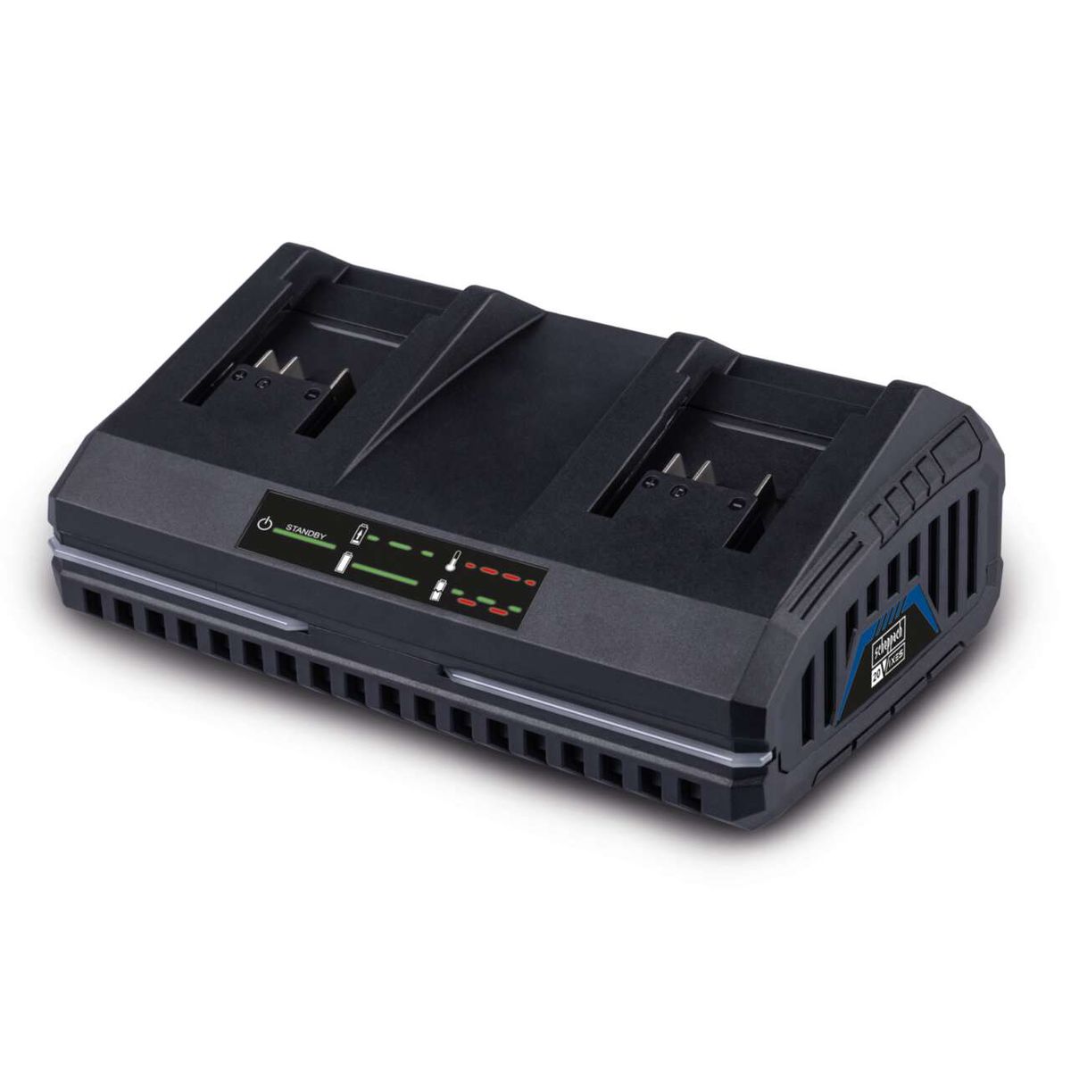 Doppelladegerät SDBC2.4A von Scheppach mit LED-Anzeige und Wandhalterung. Unterstützt 20V | 2,0 Ah Akku (ca. 60 Min. Ladezeit) und 4,0 Ah Akku (ca. 120 Min. Ladezeit).