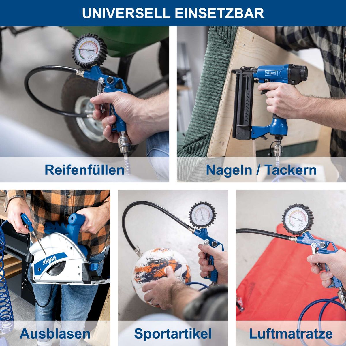Universal einsetzbare Werkzeuge für Reifenauffüllen, Nageln/Tackern, Ausblasen, Luftmatratzen und Sportartikel