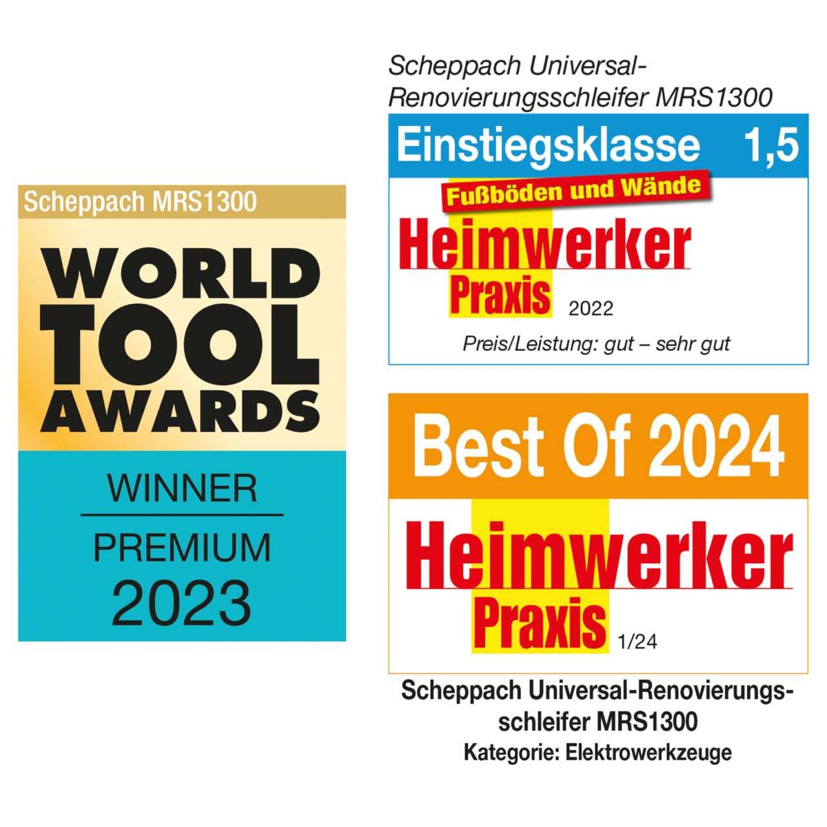 Die Scheppach Universal-Renovierungsschleifer MRS1300 gewann 2023 den World Tool Awards in der Premium-Klasse und wurde 2024 von Heimwerker Praxis als Bestes Produkt ausgezeichnet. Sie erhielt 2022 die Bewertung gut-sehr gut von Heimwerker Praxis.