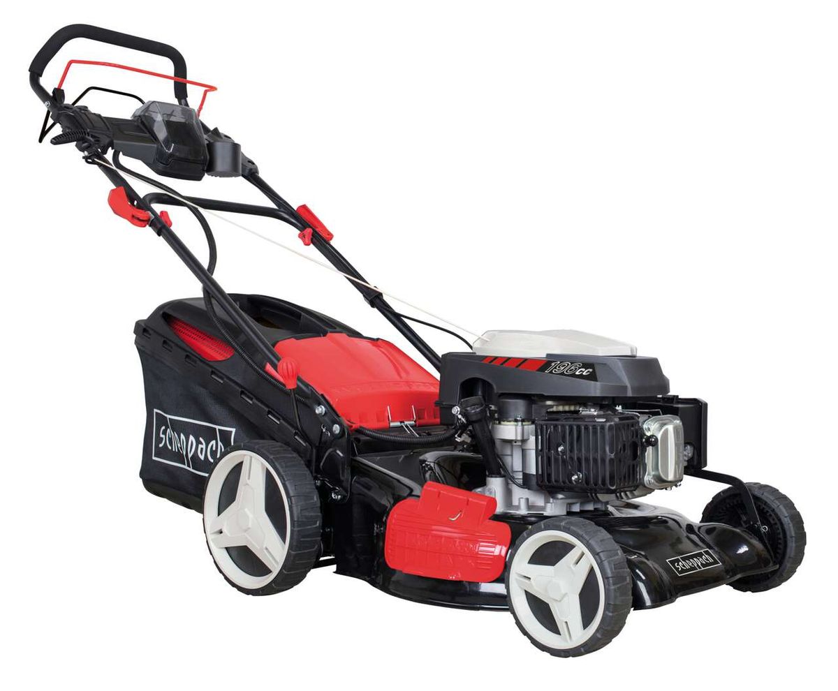 Rasenmäher MS196-51E von Scheppach, seitliche Ansicht. Der Rasenmäher hat einen 6PS Motor und eine 51cm Schneidbreite. Er verfügt über einen Antrieb und eine 60L Fangbox.