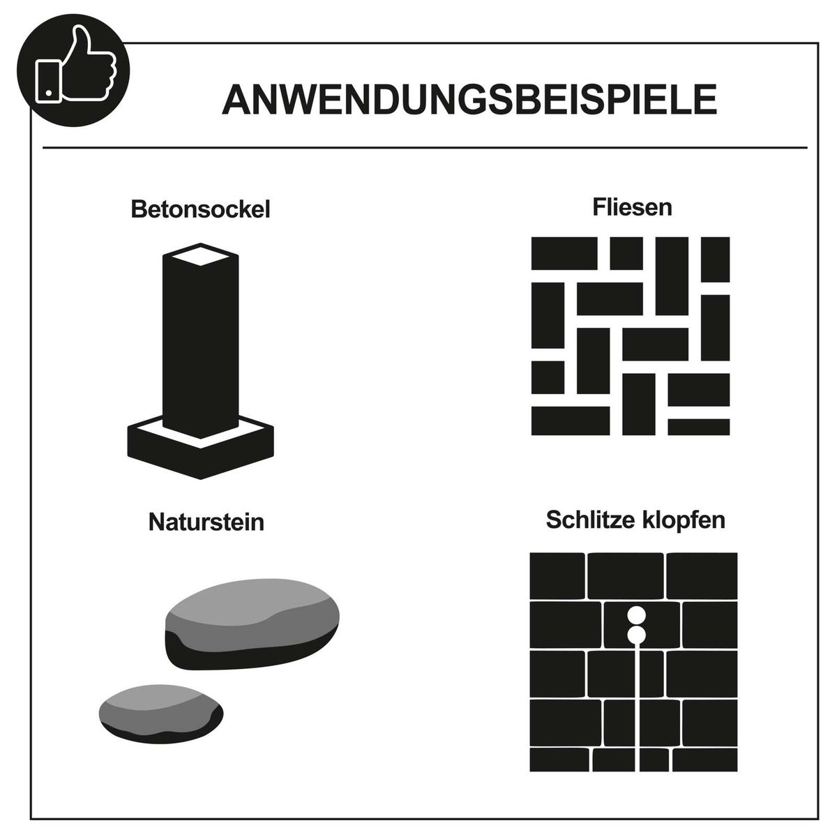 Das Scheppach Werkzeug bietet vielfältige Anwendungsmöglichkeiten. Es eignet sich für Betonsockel, Fliesen, Naturstein und das Klopfen von Schlitzen. Ideal für präzise Arbeiten in verschiedenen Materialien.
