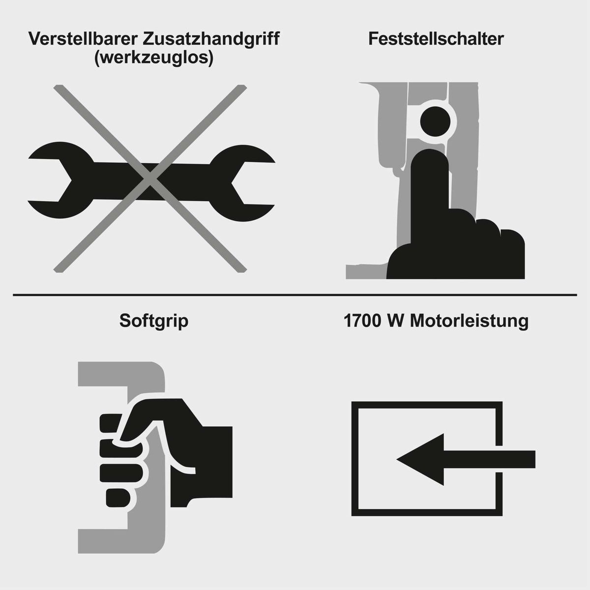 Produktmerkmale: Verstellbarer Zusatzhandgriff (ohne Werkzeug), Feststellschalter, Softgrip, 1700 W Motorleistung.