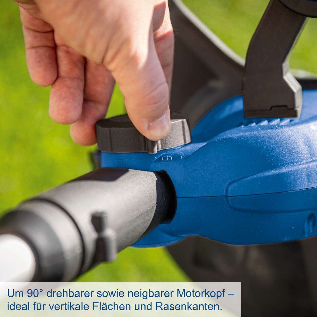 90° drehbarer und neigbarer Motorkopf für präzise Arbeiten an vertikalen Flächen und Rasenkanten