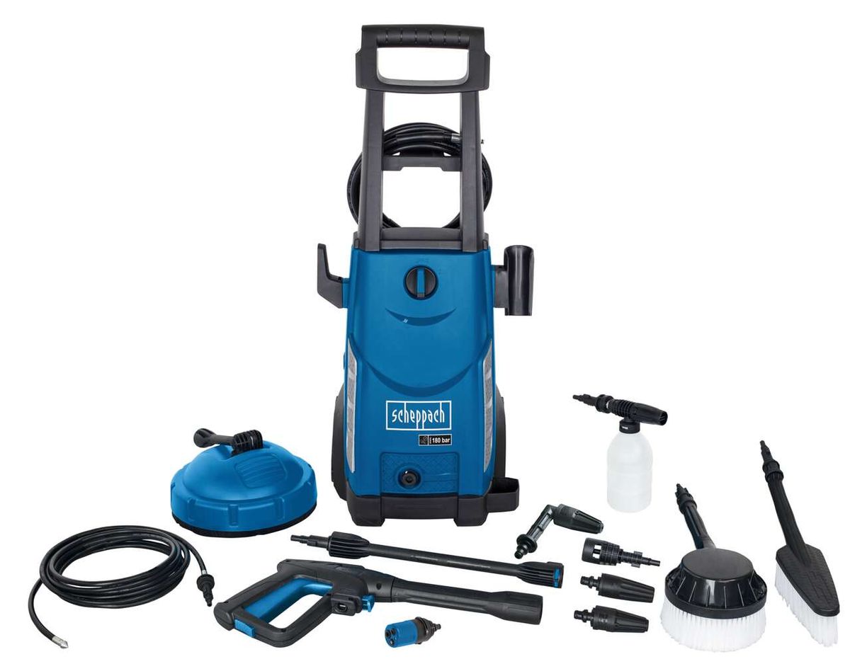 Scheppach Hochdruckreiniger mit Zubehör: Hochdruckreiniger mit verschiedenen Düsen und Bürsten für Reinigungsaufgaben, inkl. Schlauch und Sprühflasche