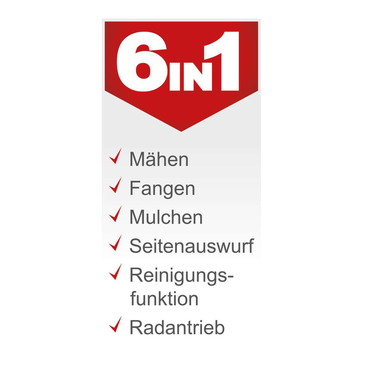 Der Rasenmäher MS161-46 von Scheppach bietet folgende Funktionen: Mähen, Fangen, Mulchen, Seitenauswurf, Reinigungsfunktion und Radantrieb.