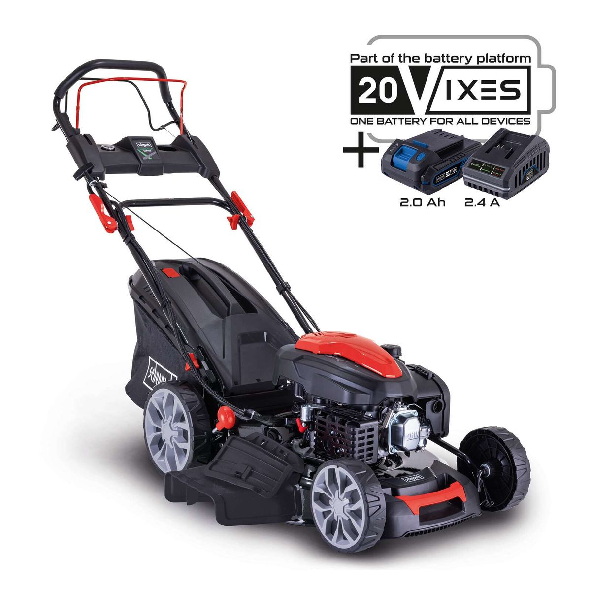 Hybrid-Start-Benzin-Rasenmäher PML56-225ES von Scheppach. Teil des 20V-MAX-Batteriesystems. Inklusive 2,0 Ah und 2,4 Ah Akkus. Elektrostart und Radantrieb. 6 PS. Schnittbreite bis zu m².