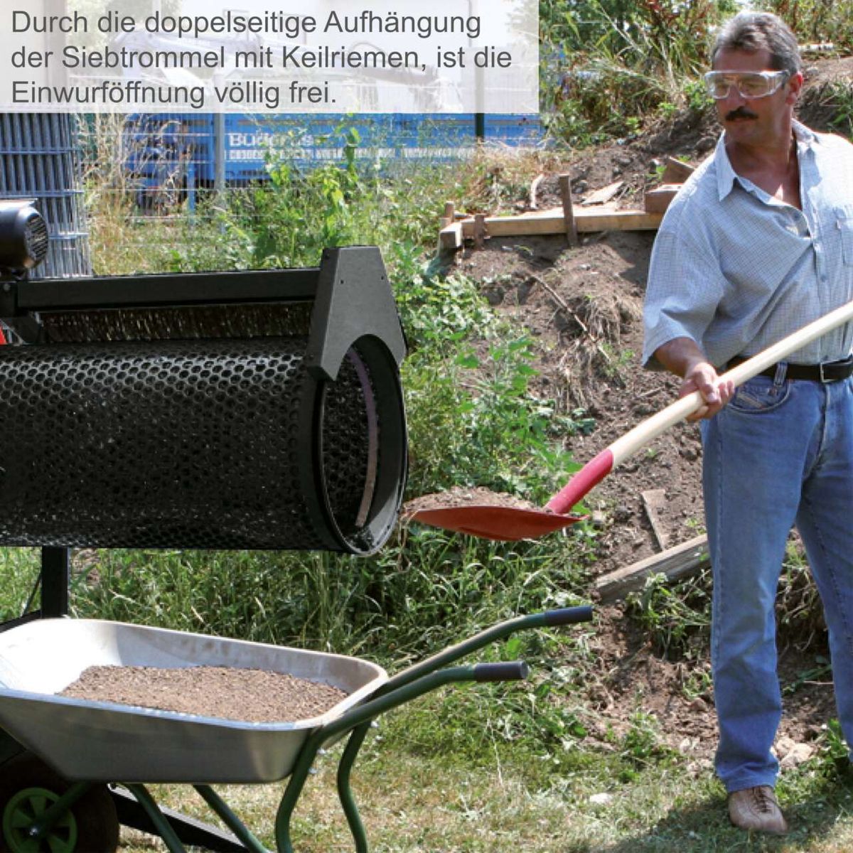 Doppelseitige Aufhängung der Siebtrommel mit Keilriemen für freie Einwurföffnung im Scheppach Rollsieb RS350