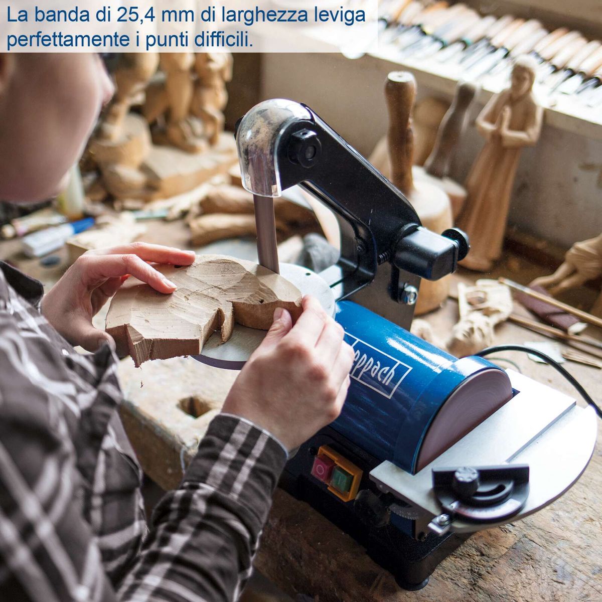 The 25.4 mm wide sanding belt length allows precise sanding even in difficult areas. Perfect for precise work with the Scheppach Belt & Disc Sander BTS700.