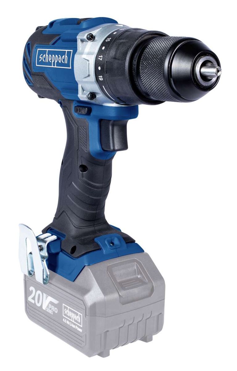 Scheppach Akkuschrauber BCDD70-20ProS, 20V, 2-13mm Bohrfutter, LED-Leuchte, Ansicht von links oben.