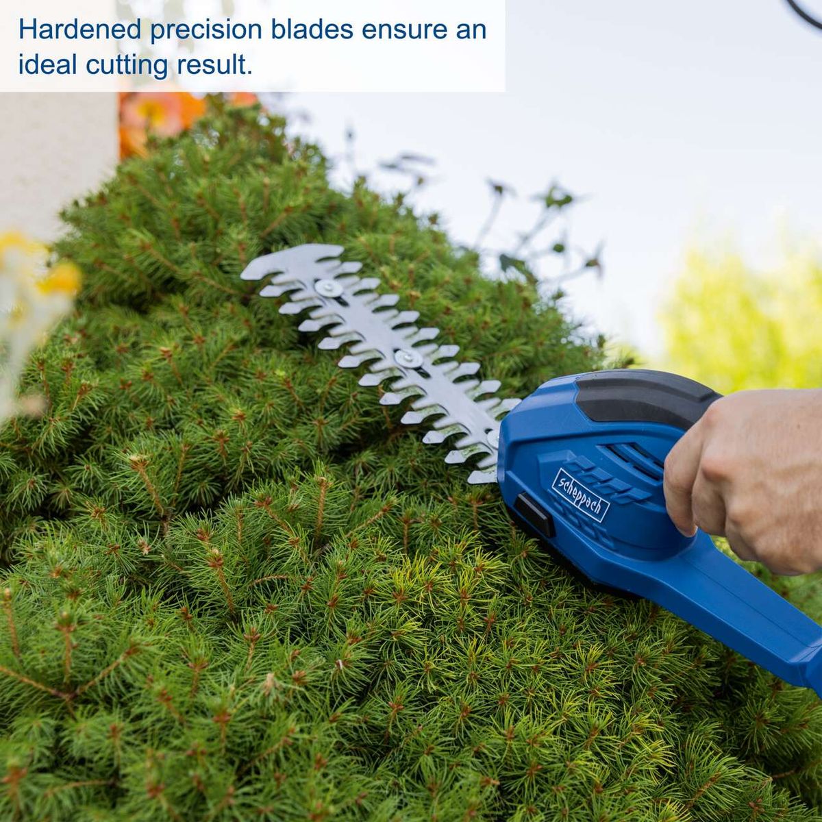 Scheppach cordless grass and hedge trimmer featuring hardened precision blades for clean cuts