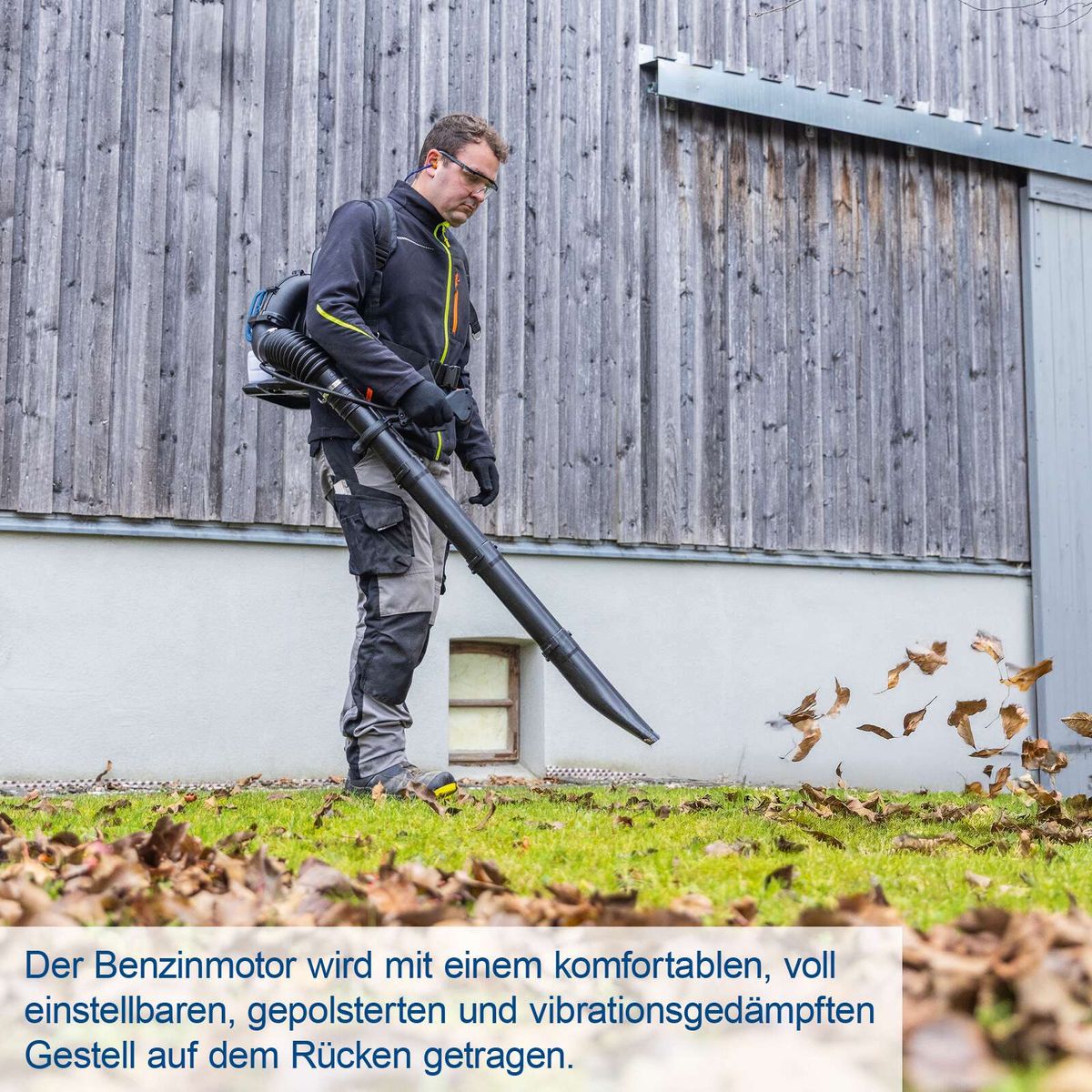 Ergonomisches Rückentragegestell für komfortablen Benzinmotor mit einstellbarer Polsterung und Vibrationsdämpfung